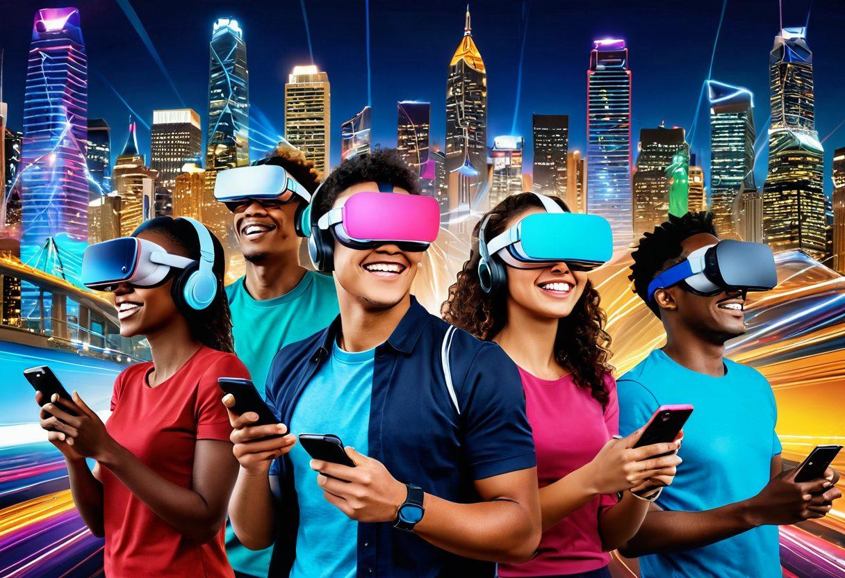 A dynamic collage of various tech gadgets like smartphones, smartwatches, and VR headsets, seamlessly blending into scenes of joyful people engaging with technology in their daily lives. The background features a vibrant cityscape symbolizing innovation, with colorful light trails portraying connectivity. Happy expressions on diverse users emphasize the uplifting impact of technology. super-realistic. vibrant colors.