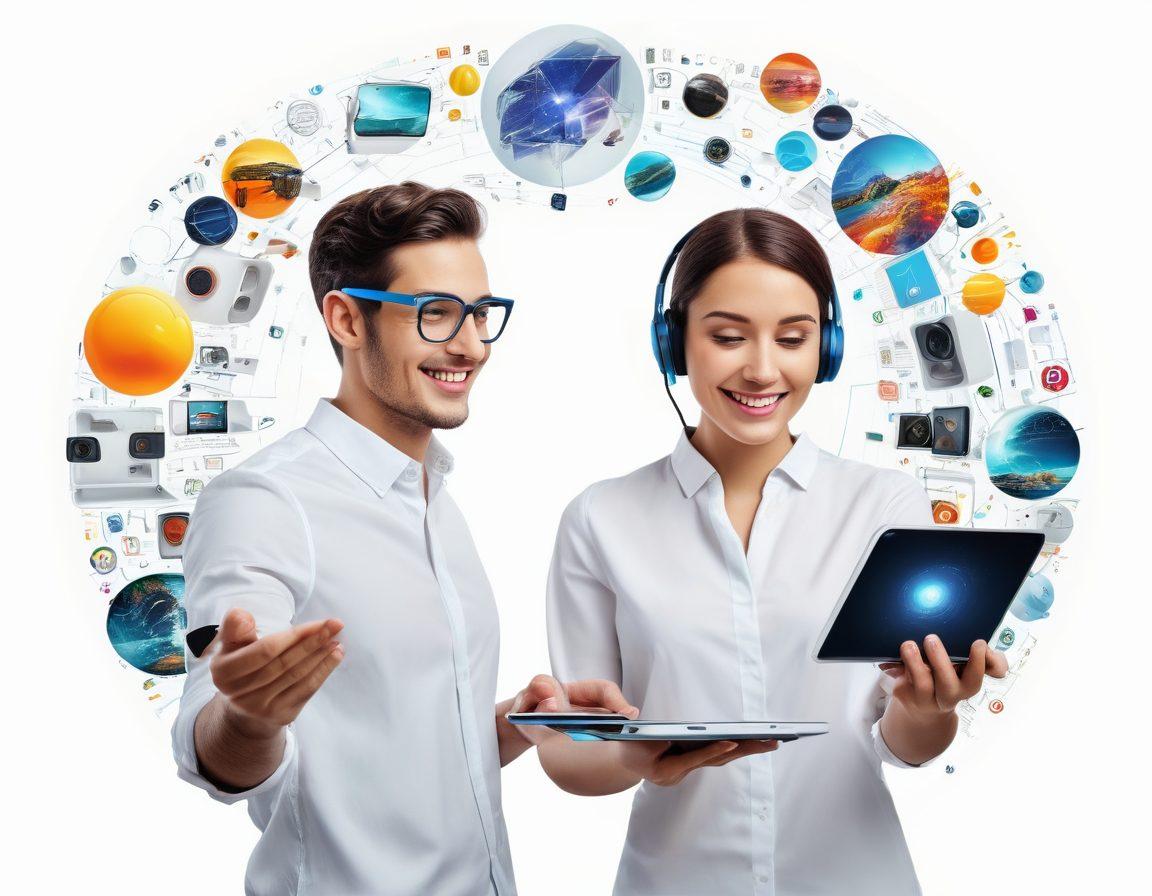 A visually striking collage showcasing futuristic technology gadgets seamlessly blending with happy, engaged users in a modern, vibrant environment. Incorporate elements like smart devices, augmented reality interfaces, and diverse people enjoying tech experiences, symbolizing innovation and satisfaction. The background should feature abstract shapes representing creativity and progress. super-realistic. vivid colors. clean white background.