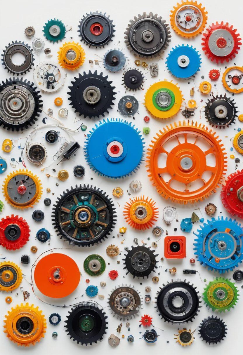 A dynamic collage showcasing various innovative tech gadgets and hardware, such as smart home devices, wearable tech, and futuristic computer components, all radiating light and energy. Emphasize joy by incorporating happy people interacting with the technology in a bright and colorful environment. Include elements like gears, circuit boards, and playful colors to symbolize a revolution. 3D. vibrant colors. white background.